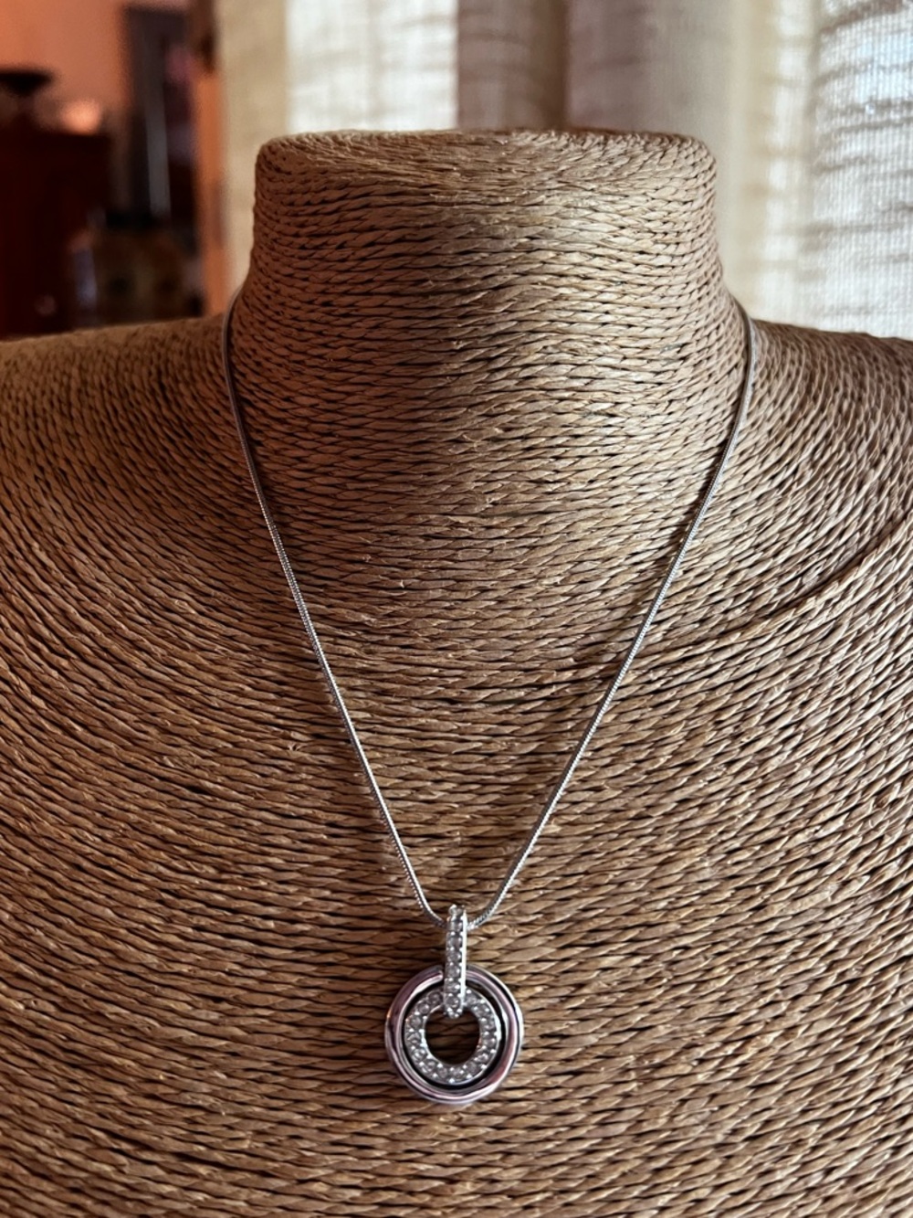 Swarovski Silver Crystal Concentric Circles Pendant Snake Chain Necklace 16”